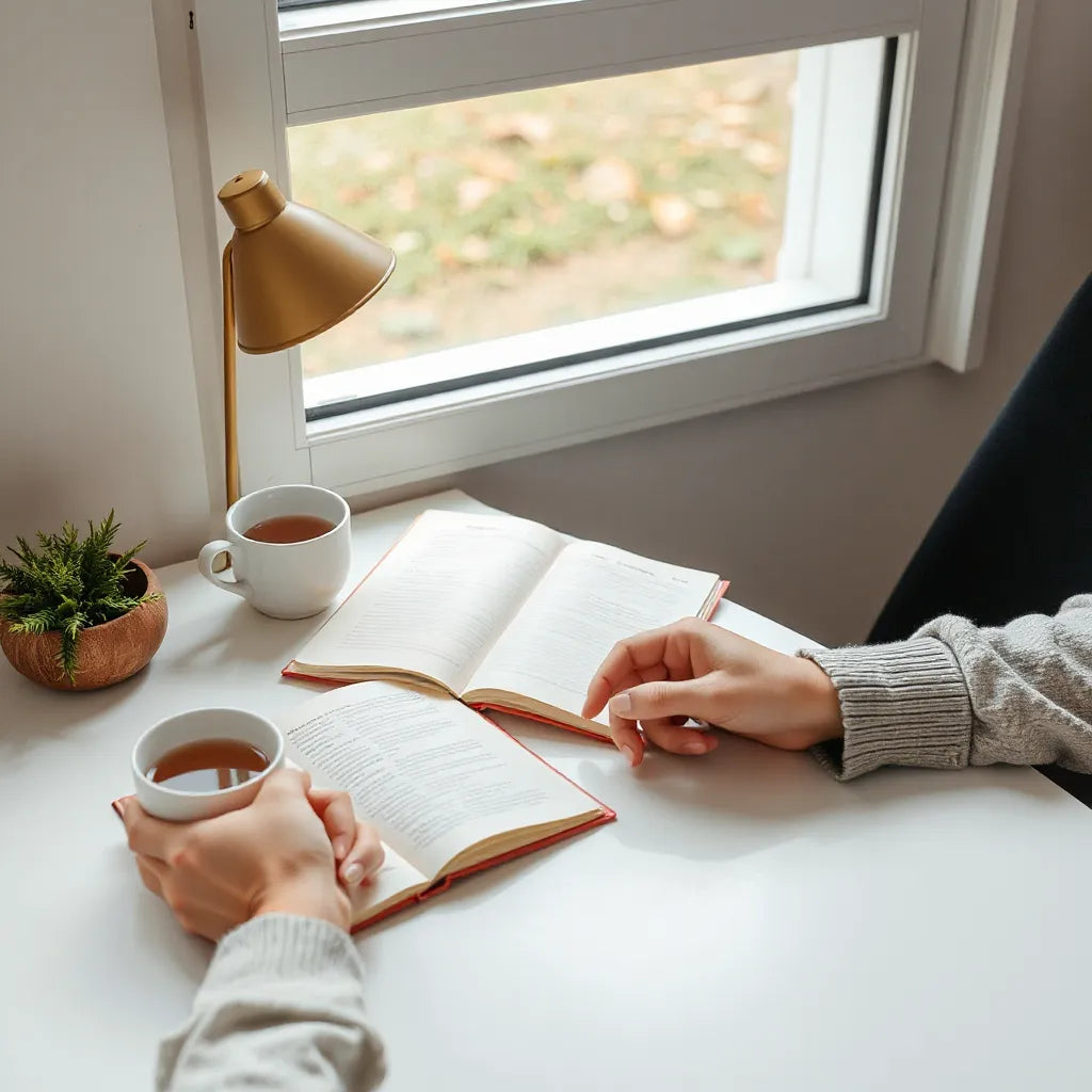 Person at a desk closing a notebook, signaling letting go and starting a healthier routine