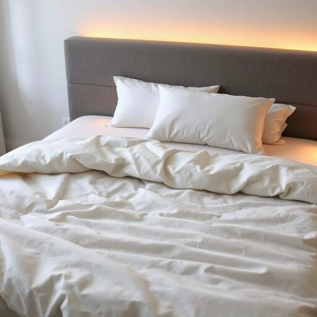Neatly made bed with soft pillows and warm bedside lamp glow for restful sleep