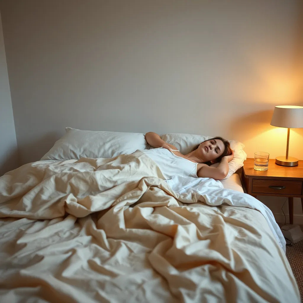 Relaxed person lying in bed at night with warm bedside lamp light, suggesting quicker sleep onset
