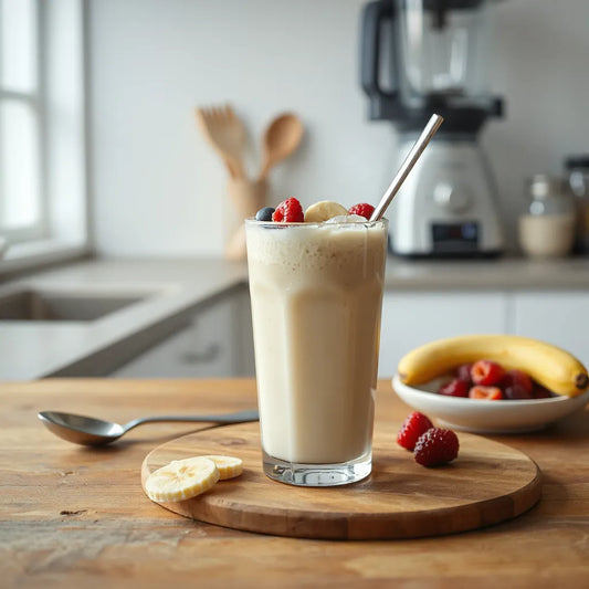 Creamy fresh shake in a glass with fruit garnish on a wooden countertop