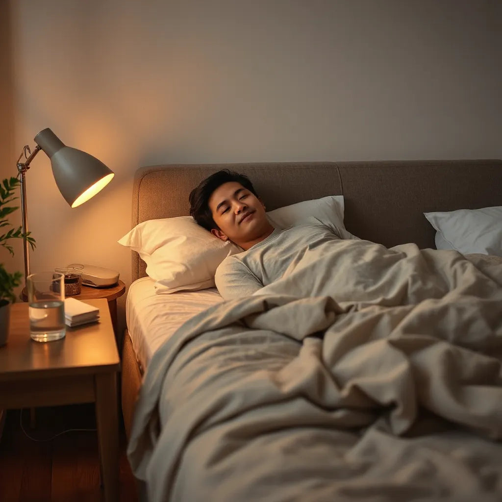Person resting peacefully in a softly lit bedroom at night, suggesting calm and better sleep
