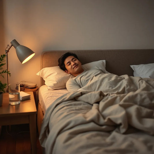 Person resting peacefully in a softly lit bedroom at night, suggesting calm and better sleep