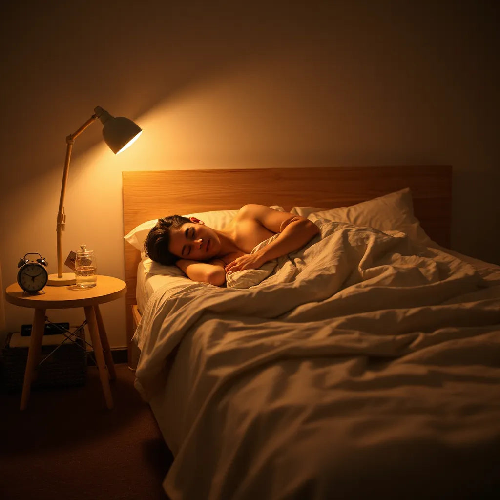 Person resting peacefully in a softly lit, minimalist bedroom with an uncluttered bedside table