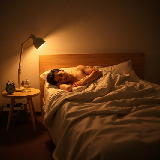 Person resting peacefully in a softly lit, minimalist bedroom with an uncluttered bedside table