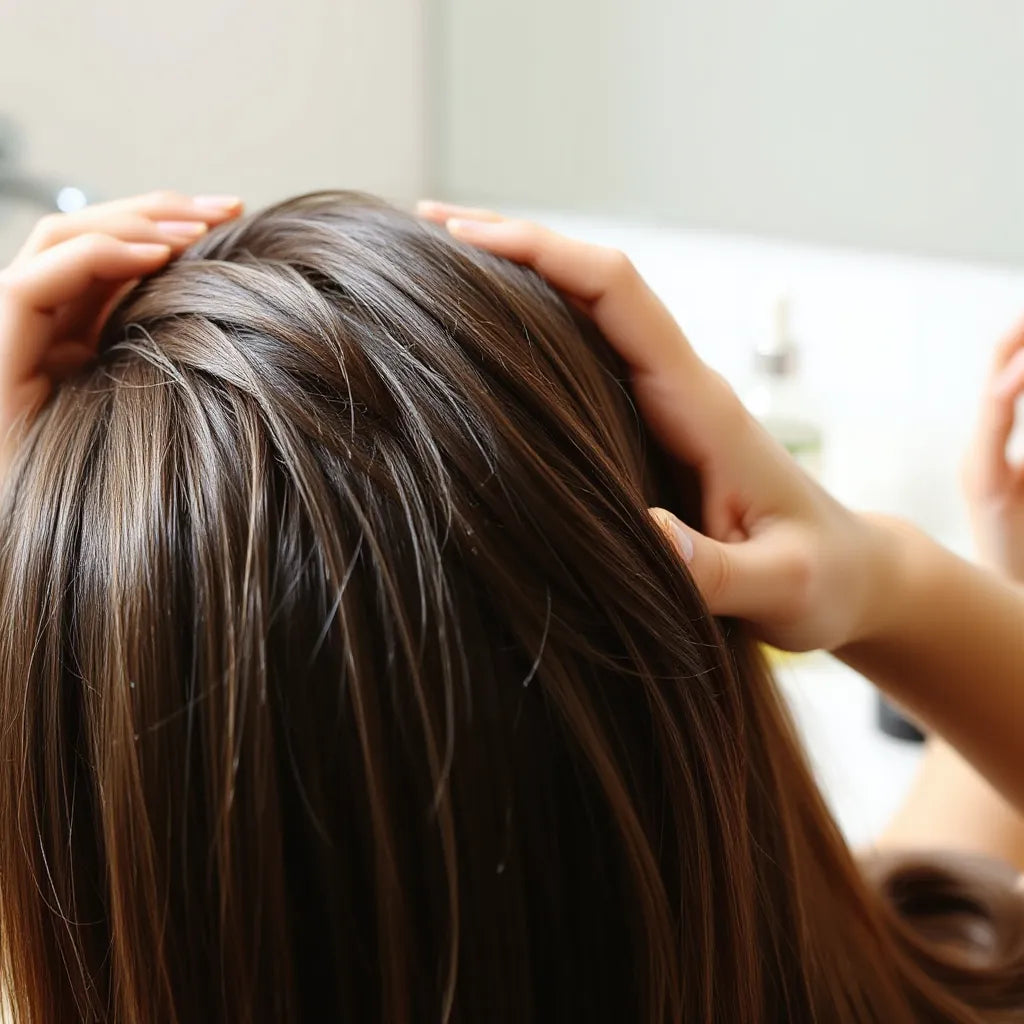 Gently smoothed hair at the roots with visible shine and healthy texture in soft natural light