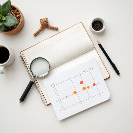 Open notebook with case study cards, magnifying glass, and simple chart on a tablet