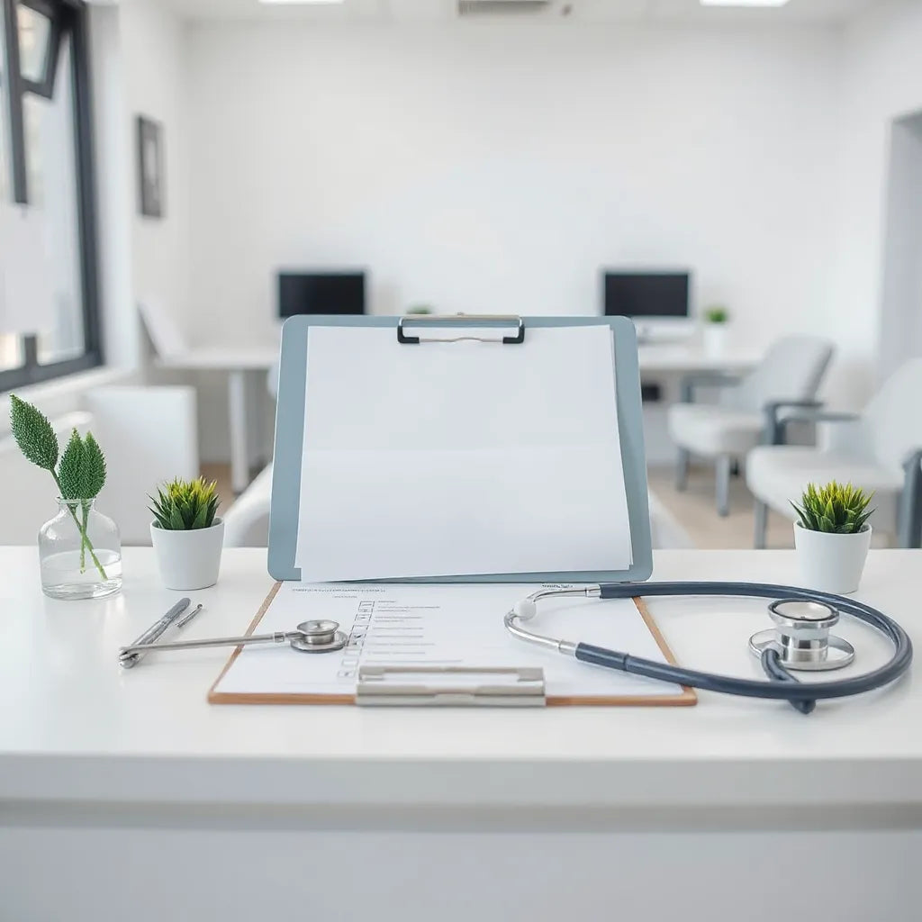 Healthcare paperwork and a stethoscope on a clean clinic desk with soft natural light