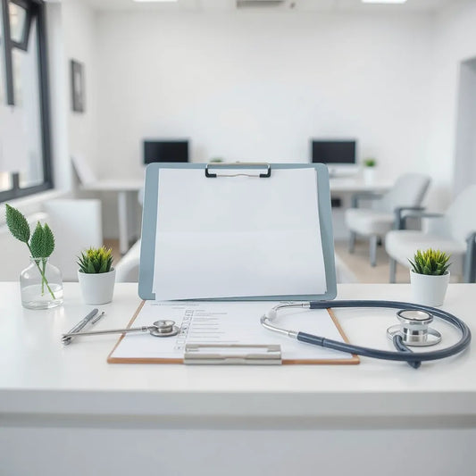 Healthcare paperwork and a stethoscope on a clean clinic desk with soft natural light