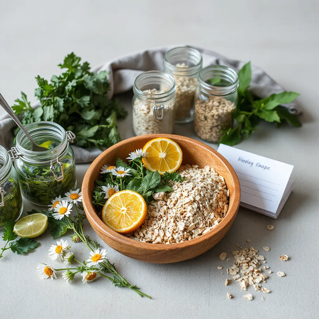 Assorted natural herbs and botanicals in a bowl with glass jars on a sunlit wooden table