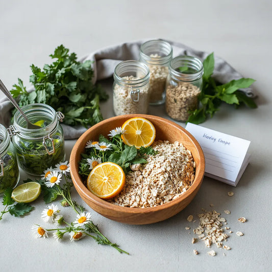 Assorted natural herbs and botanicals in a bowl with glass jars on a sunlit wooden table