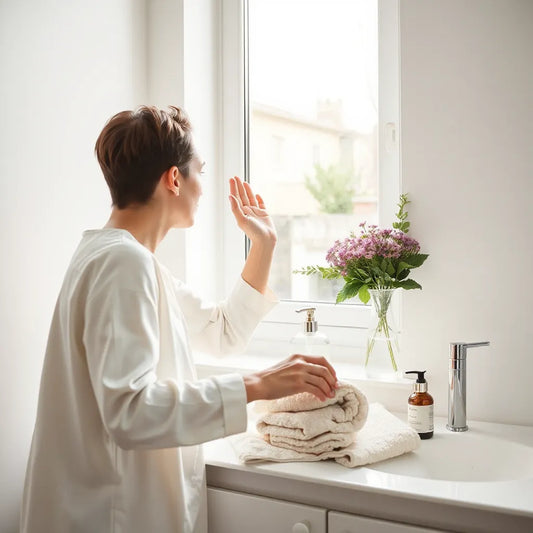 Morning grooming at a bright counter with water and neatly arranged towels for long-lasting freshness