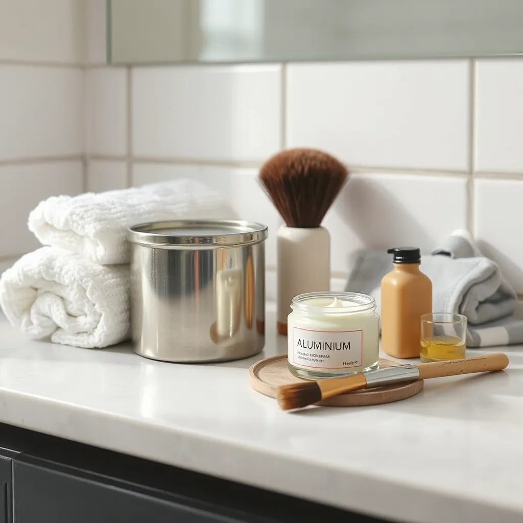 Clean countertop with skincare jars and gentle personal-care items under natural light