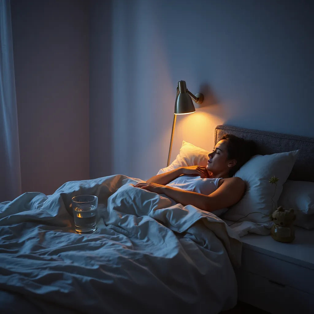 Person resting in a cozy bed at night with warm bedside light and calming items on the nightstand