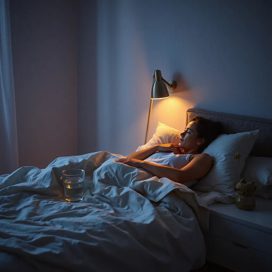 Person resting in a cozy bed at night with warm bedside light and calming items on the nightstand
