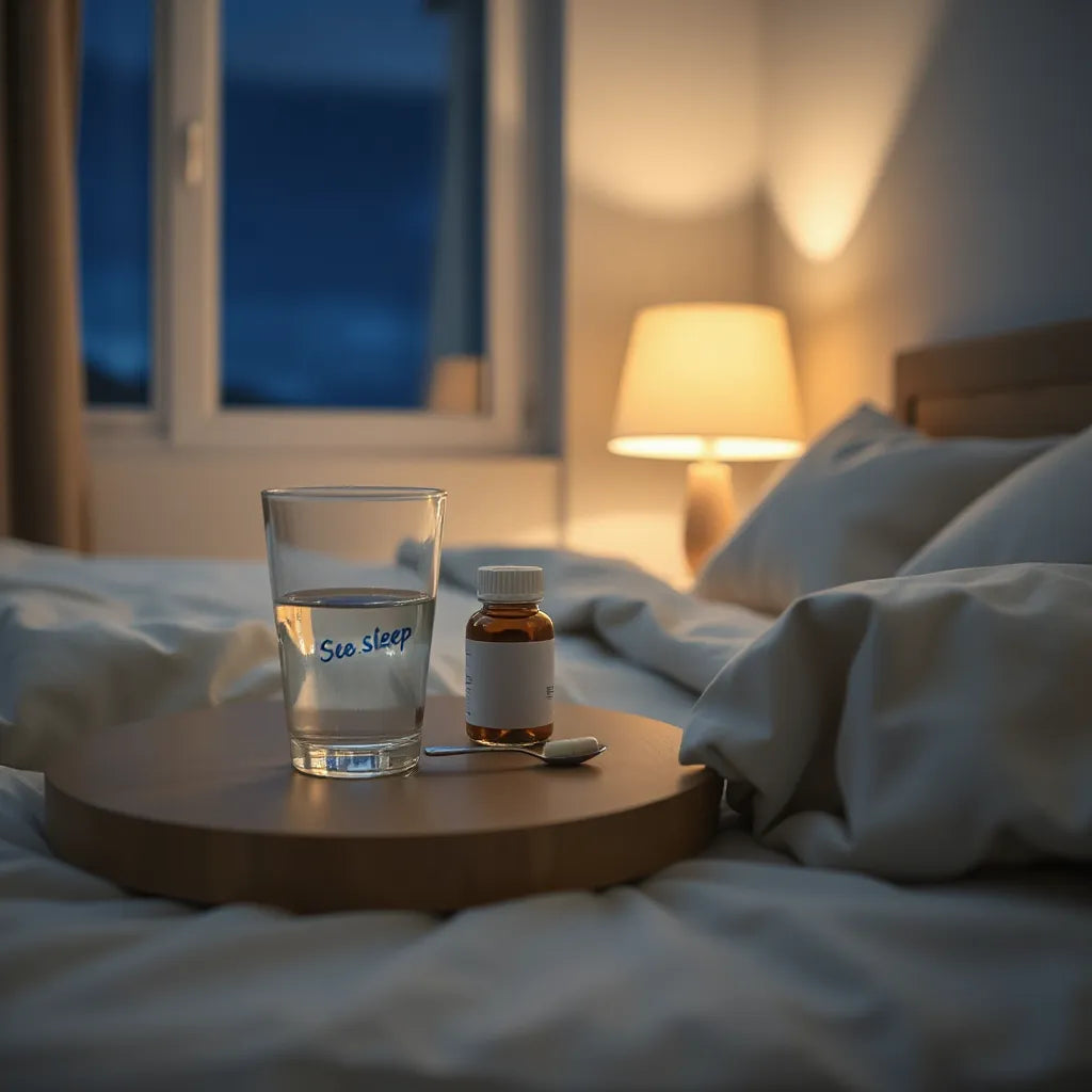 Bedside table at night with a water glass and sleep supplement near warm lamp light.