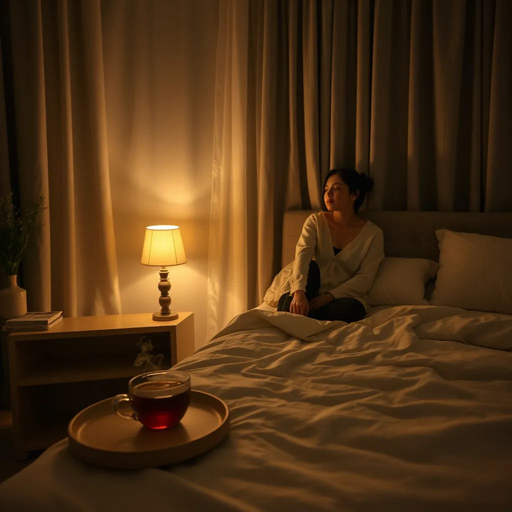 Person relaxing by a warm bedside lamp with herbal tea in a quiet bedroom at night