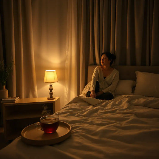 Person relaxing by a warm bedside lamp with herbal tea in a quiet bedroom at night