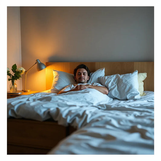 Relaxed person in a neatly made bed with warm bedside light and calm, quiet bedroom atmosphere