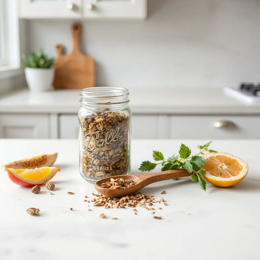 Jar of herbal supplements with dried botanicals and fresh herbs on a clean countertop