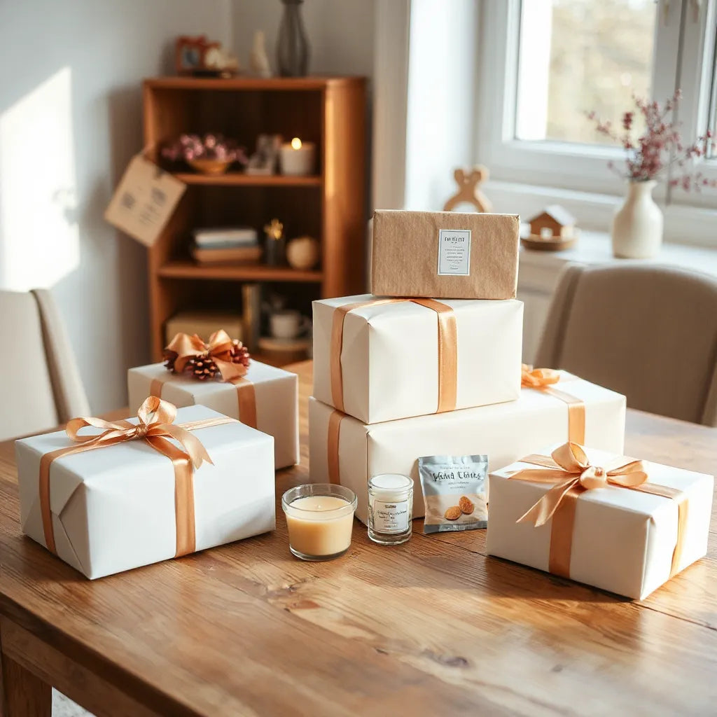 Neatly wrapped gift boxes with ribbons and small thoughtful items on a wooden table