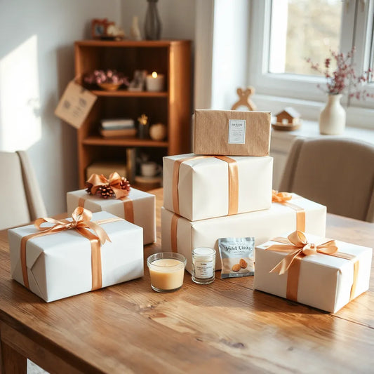 Neatly wrapped gift boxes with ribbons and small thoughtful items on a wooden table