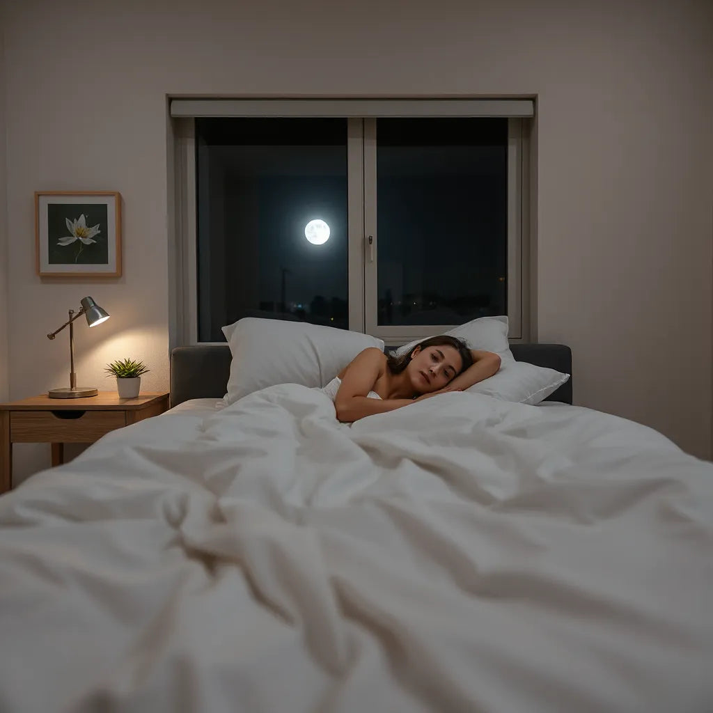 Person resting in bed at night with soft moonlight, calm bedroom mood for understanding sleep stages