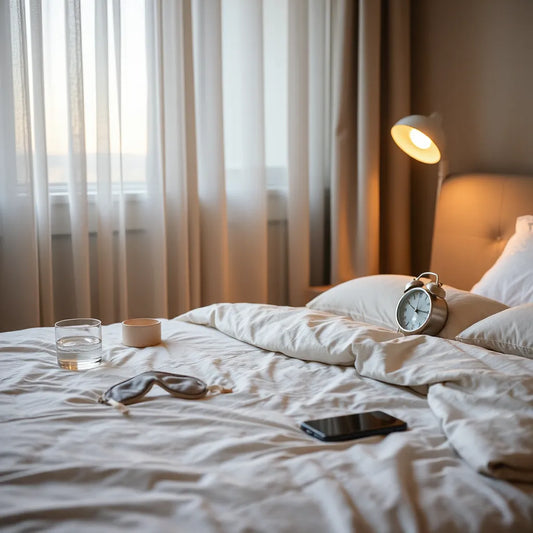 Tidily made bed in a calm bedroom at night with a bedside water glass and muted alarm clock